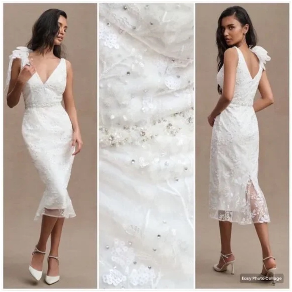 NEW NWT Mac Duggal 79337 Womens 2 White FLORAL EMBELLISHED V-NECK MIDI DRESS BOW